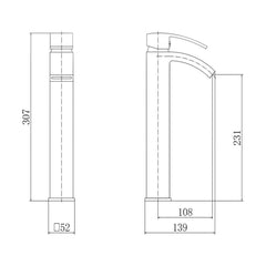 [BT9046BL] Contemporary Bathroom Mono Basin Tap – Square Lever, 307 x 52mm, Black - Technical Drawing