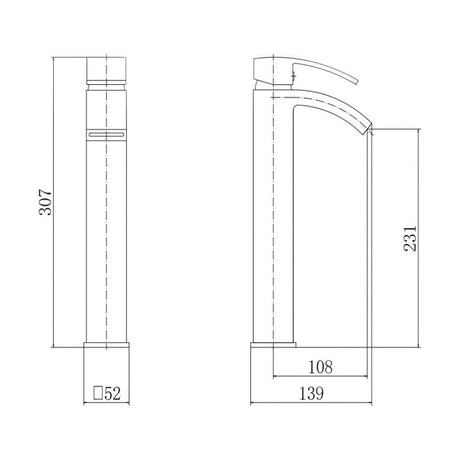 [BT9046BL] Contemporary Bathroom Mono Basin Tap – Square Lever, 307 x 52mm, Black - Technical Drawing
