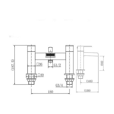 [BT9085] Modern Bathroom Square Waterfall Deck Mounted Bath Shower Mixer Tap with Kit - Chrome - Technical Drawing