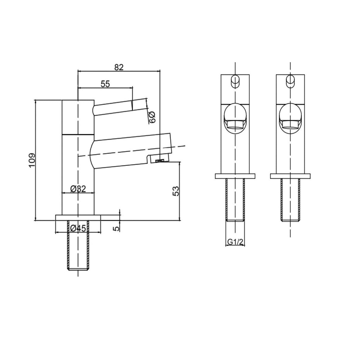[BT9094] Modern Bathroom Minimalist Round Basin Pillar Taps - Chrome - Technical Drawing