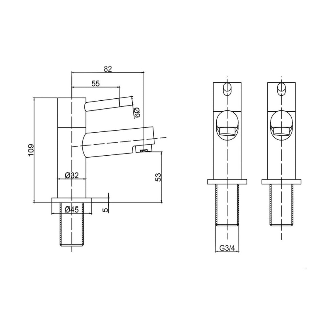 [BT9095] Modern Bathroom Minimalist Round Bath Pillar Taps - Chrome - Technical Drawing