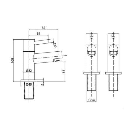[BT9095] Modern Bathroom Minimalist Round Bath Pillar Taps - Chrome - Technical Drawing