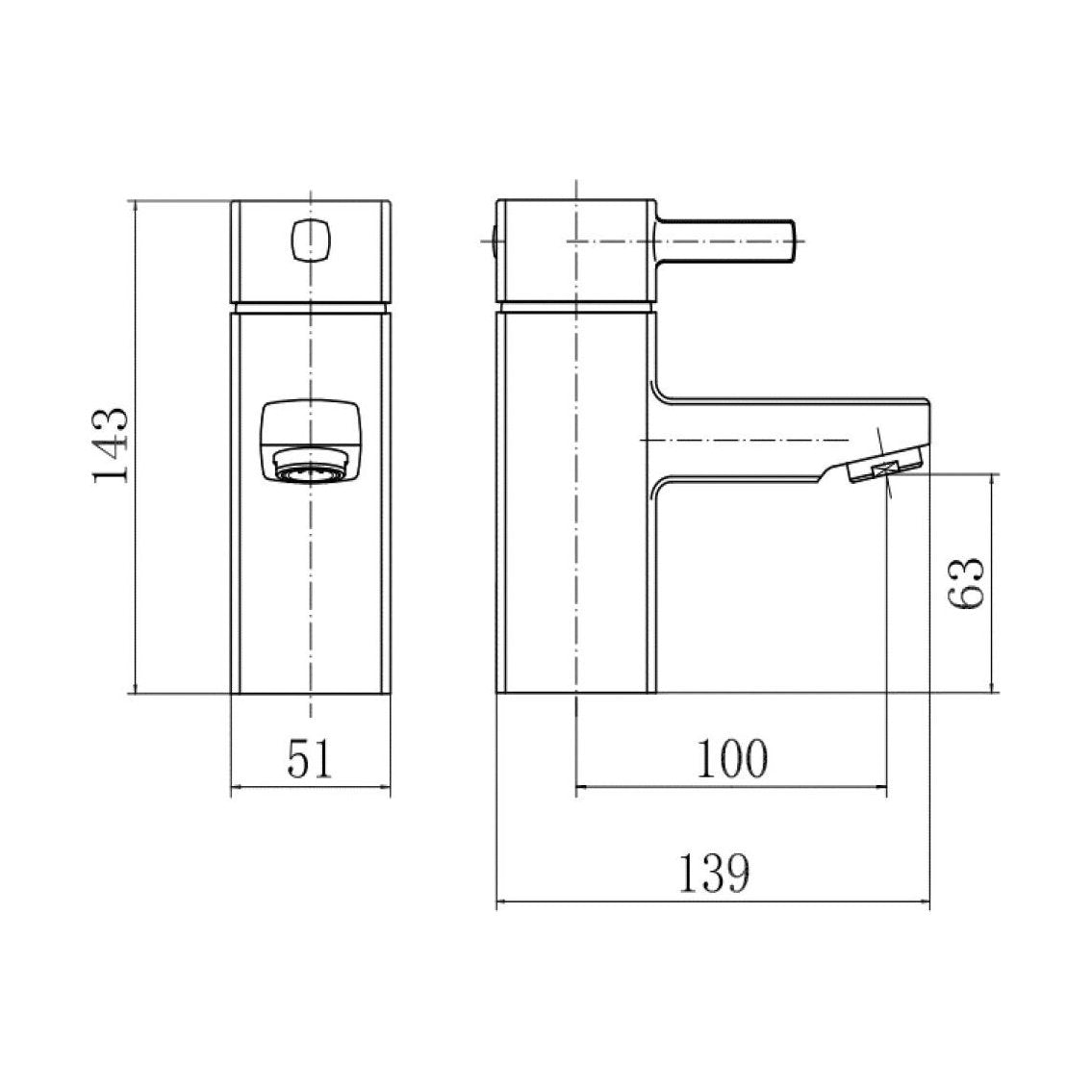 [BT9098] Contemporary Bathroom Square Mono Basin Mixer Tap with Waste - Chrome - Technical Drawing