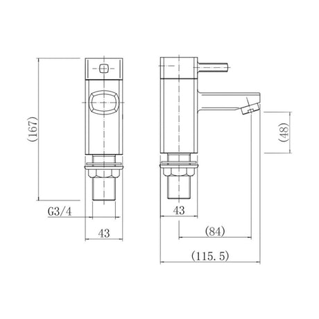 [BT9102] Contemporary Bathroom Square Bath Pillar Taps - Chrome - Technical Drawing