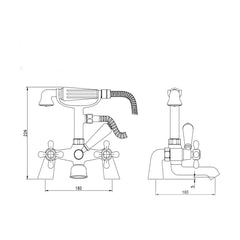 [BT9124] Traditional Bathroom Crosshead and Lever Handle Bath Shower Mixer Tap with Kit - Chrome - Technical Drawing