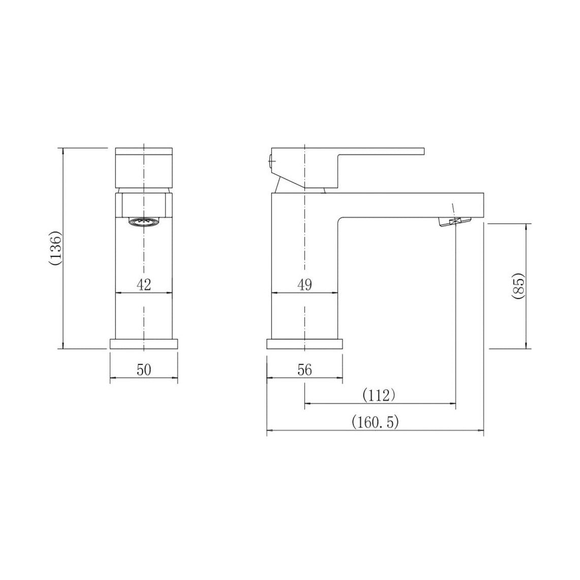 [BT9136] Modern Bathroom Soft Square Mono Basin Mixer Tap with Waste - Chrome - Technical Drawing