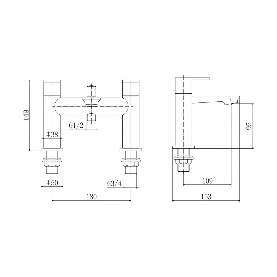 [BT9142BRS] Contemporary Bathroom Deck Mounted Round Bath Shower Mixer Tap - Brushed Brass - Technical Drawing