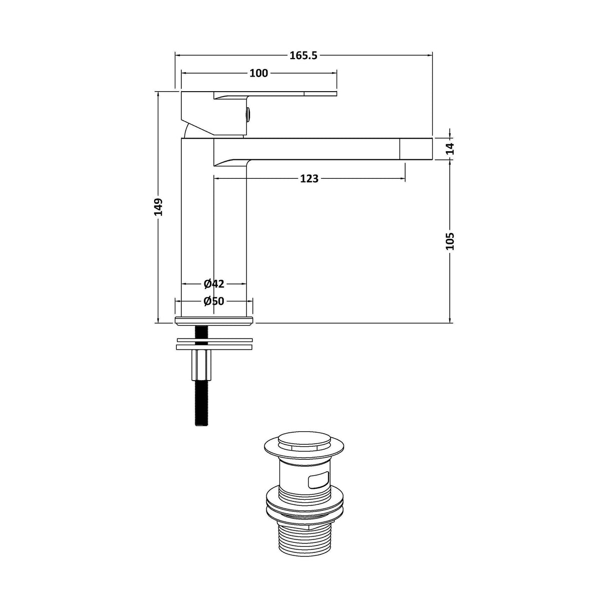 [BTA405] Balterley Cascade Round Mono Basin Mixer Tap & Push Button Waste - Matt Black - Technical Drawing