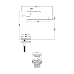 [BTA405] Balterley Cascade Round Mono Basin Mixer Tap & Push Button Waste - Matt Black - Technical Drawing