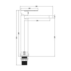 [BTA470] Balterley Cascade Round Tall Mono Basin Mixer Tap - Matt Black - Technical Drawing