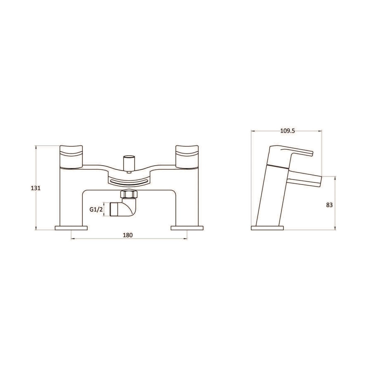 [BTAR354] Modern Bath Shower Mixer Tap with Shower Kit - Chrome - Technical Drawing