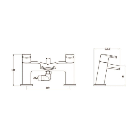 [BTAR354] Modern Bath Shower Mixer Tap with Shower Kit - Chrome - Technical Drawing