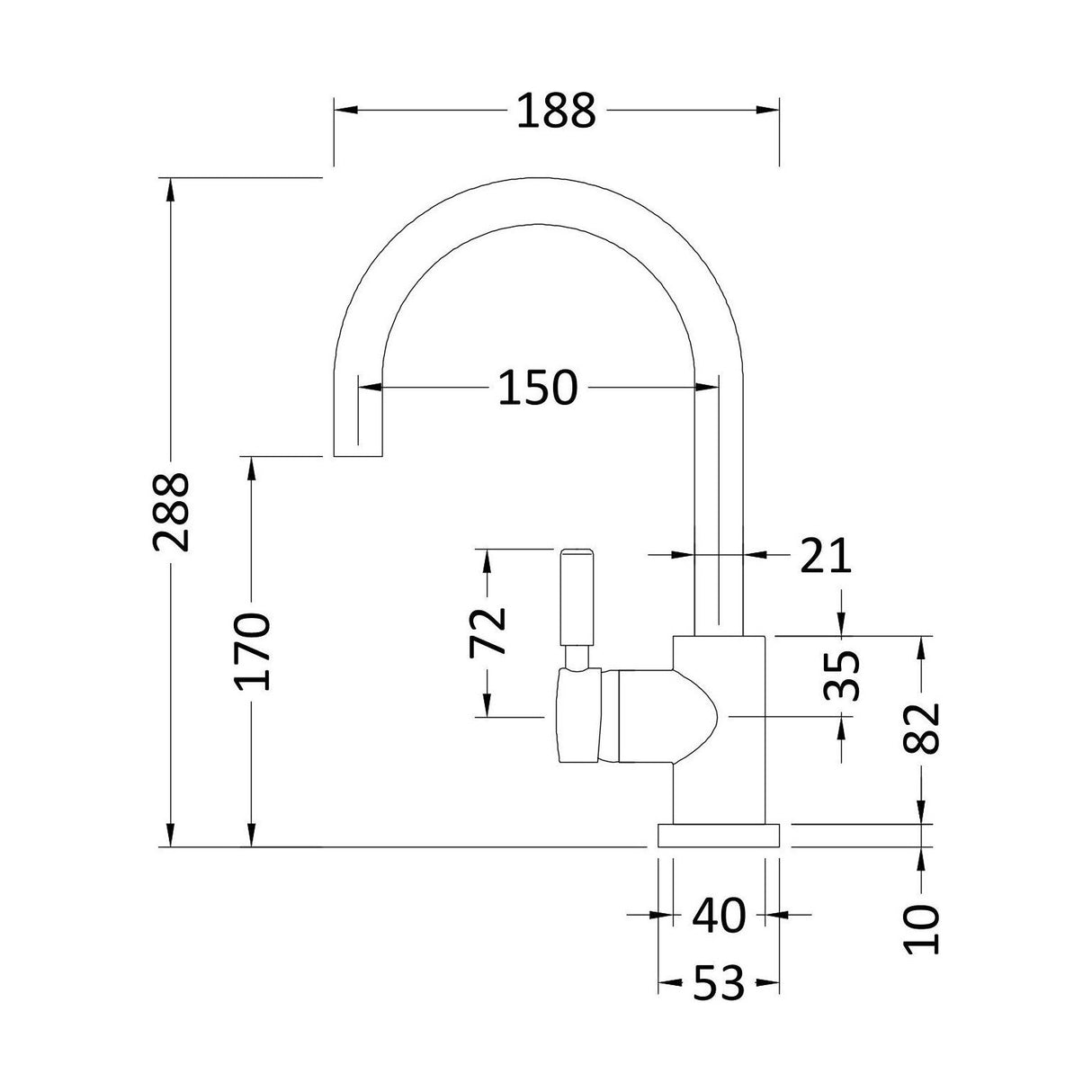 [BTAR380] Contemporary Arch Round Tall Lever Mono Basin Mixer Tap (Waste Included) - Chrome - Balterley - Technical Drawing