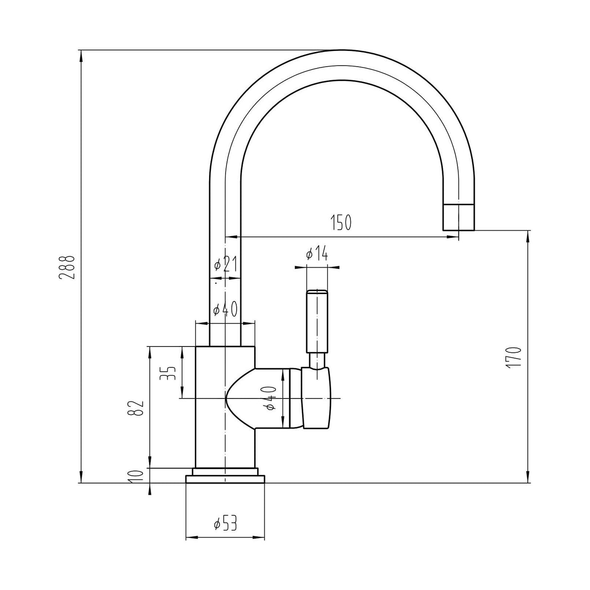 [BTAR480] Contemporary Arch Round Tall Lever Mono Basin Mixer Tap (Waste Included) - Matt Black - Balterley - Technical Drawing
