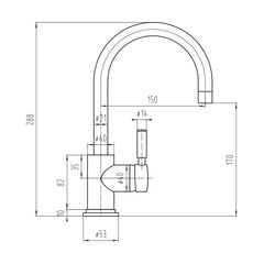 [BTAR480] Contemporary Arch Round Tall Lever Mono Basin Mixer Tap (Waste Included) - Matt Black - Balterley - Technical Drawing
