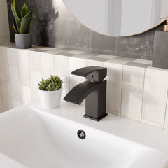 [BTAR480] Contemporary Arch Round Tall Lever Mono Basin Mixer Tap (Waste Included) - Matt Black - Balterley - Lifestyle 3