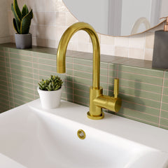 [BTAR880] Contemporary Arch Round Tall Lever Mono Basin Mixer Tap (Waste Included) - Brushed Brass - Balterley - Lifestyle 3