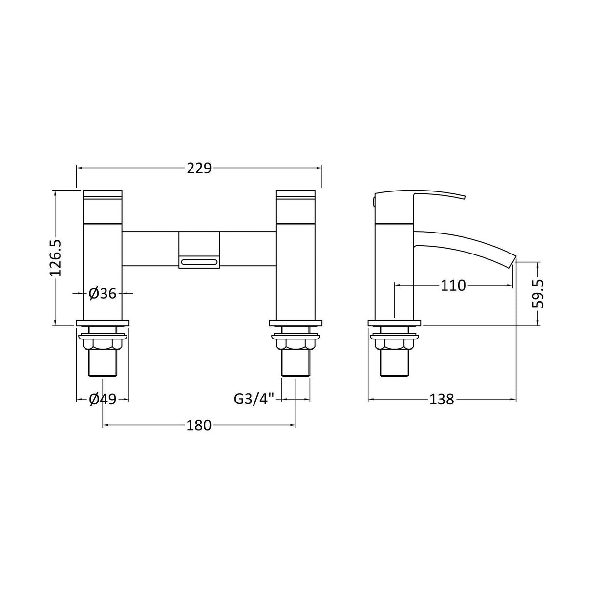 [BTAS303] Balterley Contemporary Soft Square Dual Lever Deck Mounted Bath Filler Tap with Ceramic Disc Technology, 229 x 127 x 138mm, Chrome - Technical Drawing