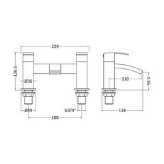 [BTAS303] Balterley Contemporary Soft Square Dual Lever Deck Mounted Bath Filler Tap with Ceramic Disc Technology, 229 x 127 x 138mm, Chrome - Technical Drawing