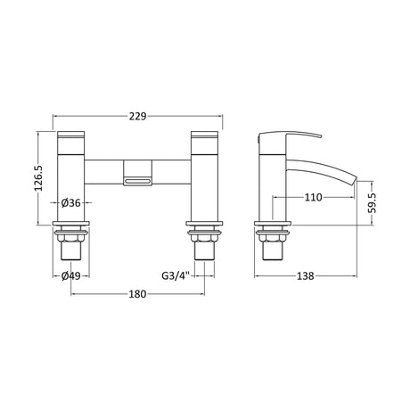 [BTAS303] Balterley Contemporary Soft Square Dual Lever Deck Mounted Bath Filler Tap with Ceramic Disc Technology, 229 x 127 x 138mm, Chrome - Technical Drawing