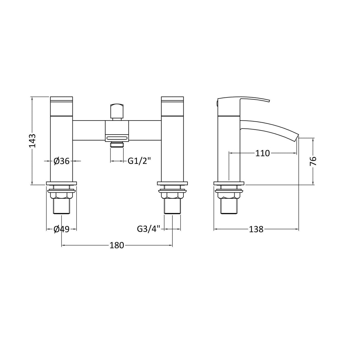 [BTAS304] Balterley Contemporary Square Dual Lever Deck Mounted Bath Shower Mixer Tap, Choice of Finish - Technical Drawing