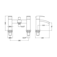[BTAS304] Balterley Contemporary Square Dual Lever Deck Mounted Bath Shower Mixer Tap, Choice of Finish - Technical Drawing