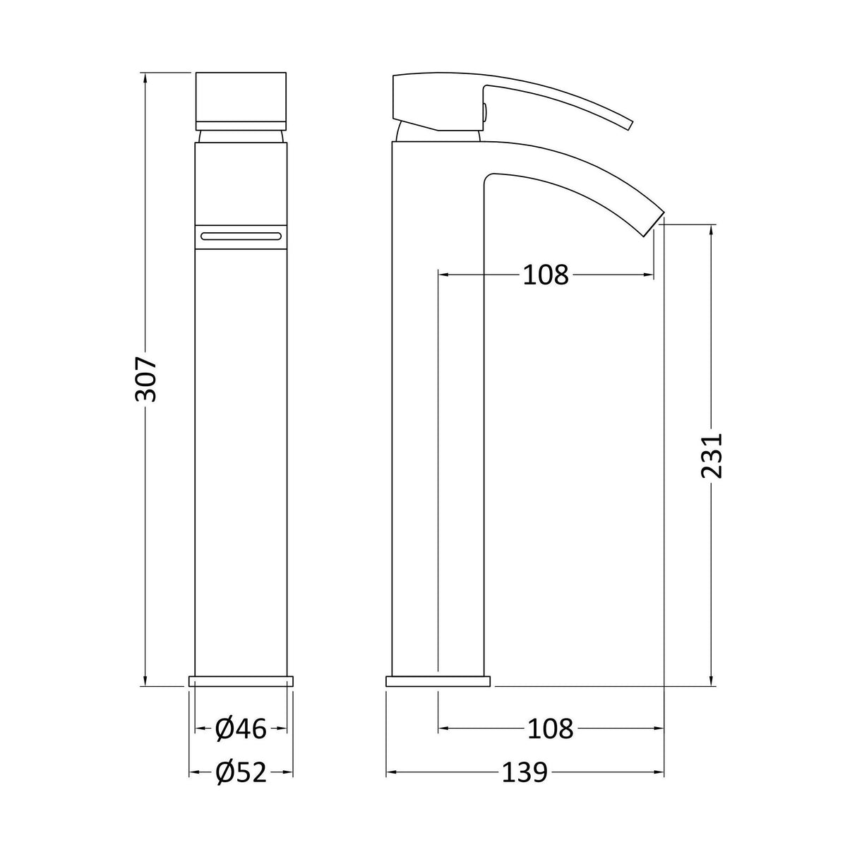 [BTAS307] Balterley Contemporary Square Tall Single Lever Deck Mounted Mono Basin Mixer Tap, High Rise Design, 307 x 52 x 139mm, Chrome - Technical Drawing