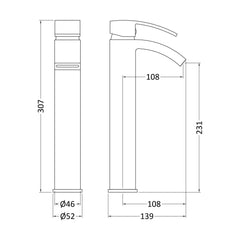 [BTAS307] Balterley Contemporary Square Tall Single Lever Deck Mounted Mono Basin Mixer Tap, High Rise Design, 307 x 52 x 139mm, Chrome - Technical Drawing