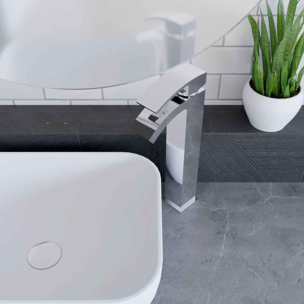 [BTAS307] Balterley Contemporary Square Tall Single Lever Deck Mounted Mono Basin Mixer Tap, High Rise Design, 307 x 52 x 139mm, Chrome - Lifestyle 2