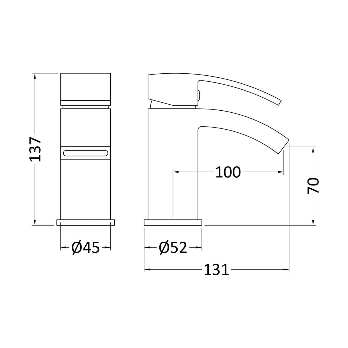 [BTAS315] Balterley Contemporary Square Single Lever Deck Mounted Mono Basin Mixer Tap with Push Button Waste, Chrome, 48 x 131 x 137mm - Technical Drawing
