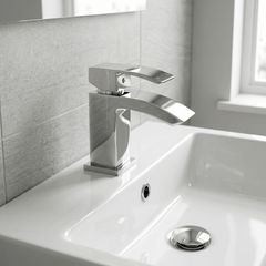 [BTAS315] Balterley Contemporary Square Single Lever Deck Mounted Mono Basin Mixer Tap with Push Button Waste, Chrome, 48 x 131 x 137mm - Silo