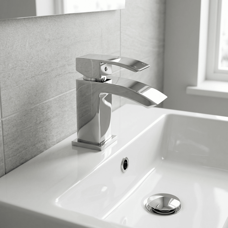 [BTAS315] Balterley Contemporary Square Single Lever Deck Mounted Mono Basin Mixer Tap with Push Button Waste, Chrome, 48 x 131 x 137mm - Silo