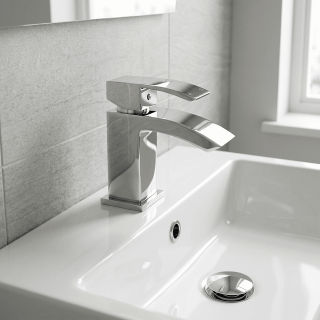 [BTAS315] Balterley Contemporary Square Single Lever Deck Mounted Mono Basin Mixer Tap with Push Button Waste, Chrome, 48 x 131 x 137mm - Silo