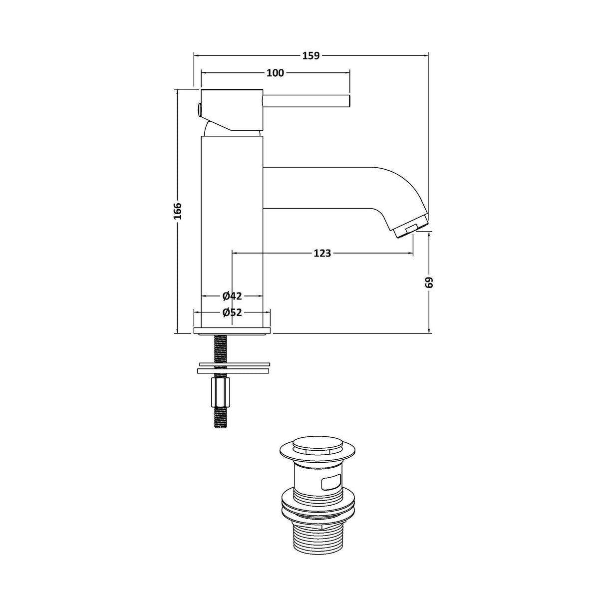 [BTB305] Contemporary Round Mono Basin Mixer Tap & Push Button Waste - Chrome - Balterley - Technical Drawing