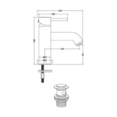 [BTB305] Contemporary Round Mono Basin Mixer Tap & Push Button Waste - Chrome - Balterley - Technical Drawing