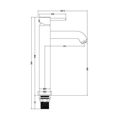 [BTB470] Round Minimalist Tall Mono Basin Mixer Tap - Matt Black - Technical Drawing