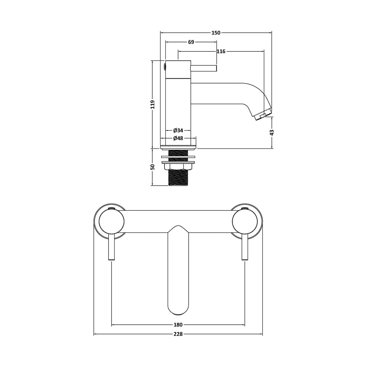 [BTB803] Round Minimalist Deck Mounted Bath Filler Tap - Brushed Brass - Balterley - Technical Drawing