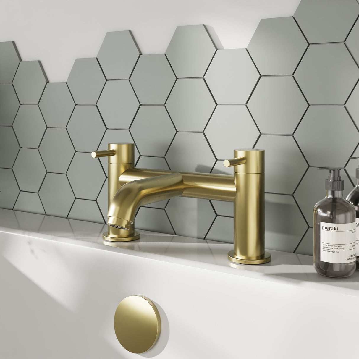 [BTB803] Round Minimalist Deck Mounted Bath Filler Tap - Brushed Brass - Balterley - Lifestyle 1