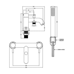 [BTB804] Round Bath Shower Mixer Tap with Shower Kit - Brushed Brass - Balterley - Technical Drawing