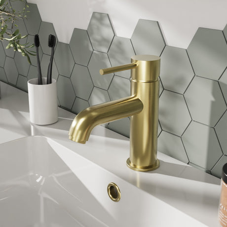 [BTB805] Round Mono Basin Sink Mixer Tap & Push Button Waste - Brushed Brass - Balterley - Lifestyle 1
