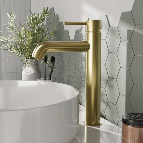 [BTB870] Round Minimalist Tall Mono Basin Mixer Tap - Brushed Brass - Lifestyle 1