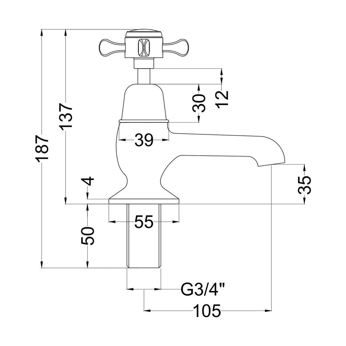 [BTBA302DX] Traditional Deck Mounted Crosshead Handle Pillar Bath Taps - Chrome - Technical Drawing