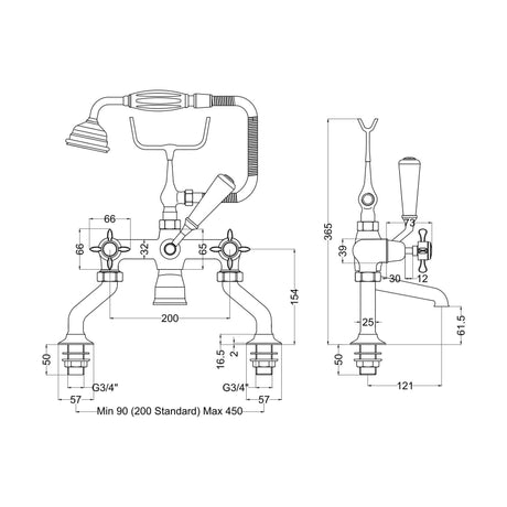 [BTBA304DX] Traditional Deck Mounted Crosshead Bath Shower Mixer Tap with Shower Kit - Chrome/White - Technical Drawing