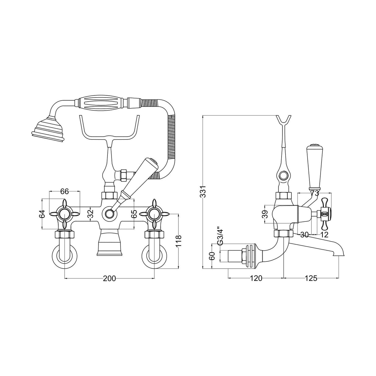 [BTBA314DX] Traditional Wall Mounted Crosshead Bath Shower Mixer Tap with Shower Kit - Chrome/White - Technical Drawing