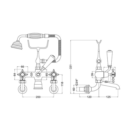 [BTBA314DX] Traditional Wall Mounted Crosshead Bath Shower Mixer Tap with Shower Kit - Chrome/White - Technical Drawing