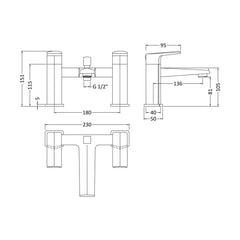 [BTBO304] Balterley Deck Mounted Square Bath Shower Mixer Tap with Kit, Dual Lever Waterfall Spout - Chrome Finish - Technical Drawing