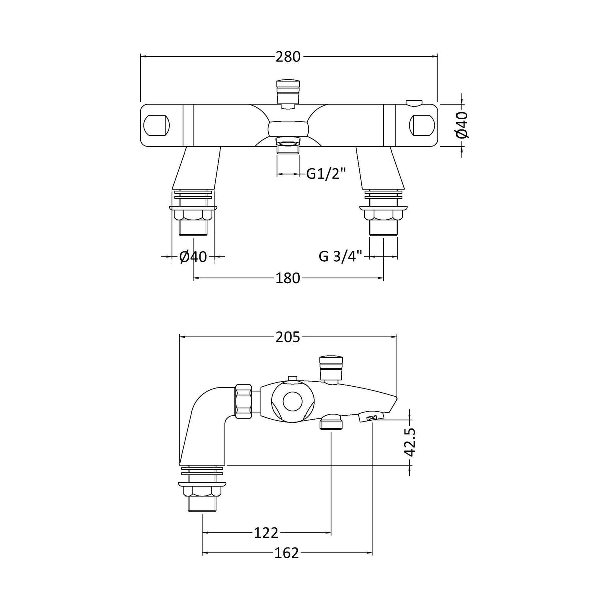 [BTBSM324] Chrome Thermostatic Deck Mounted Bath Shower Mixer Bar Valve Tap - Technical Drawing