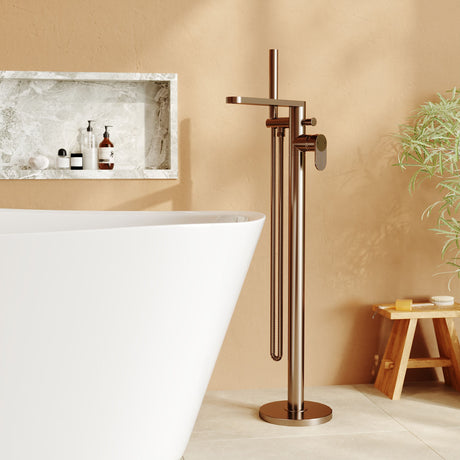 [BTC1521F] Modern Freestanding Round Bath Shower Mixer Tap with Fluted Lever Handle and Kit -  Brushed Bronze - Lifestyle 1
