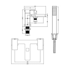 [BTC304] Milldale Square Deck Mounted Dual Lever Bath Shower Mixer Tap with Kit - Choice of Finish - Technical Drawing