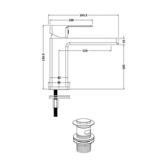 [BTC305] Milldale Contemporary Square Mono Basin Mixer Bathroom Sink Tap with Push Button Waste - Technical Drawing